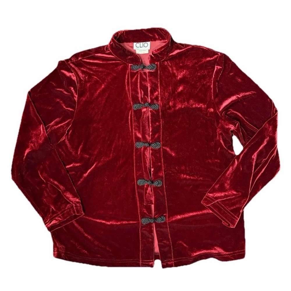 Vintage Clio Red Velvet Mandarin Jacket - Frog Closures - Size SML